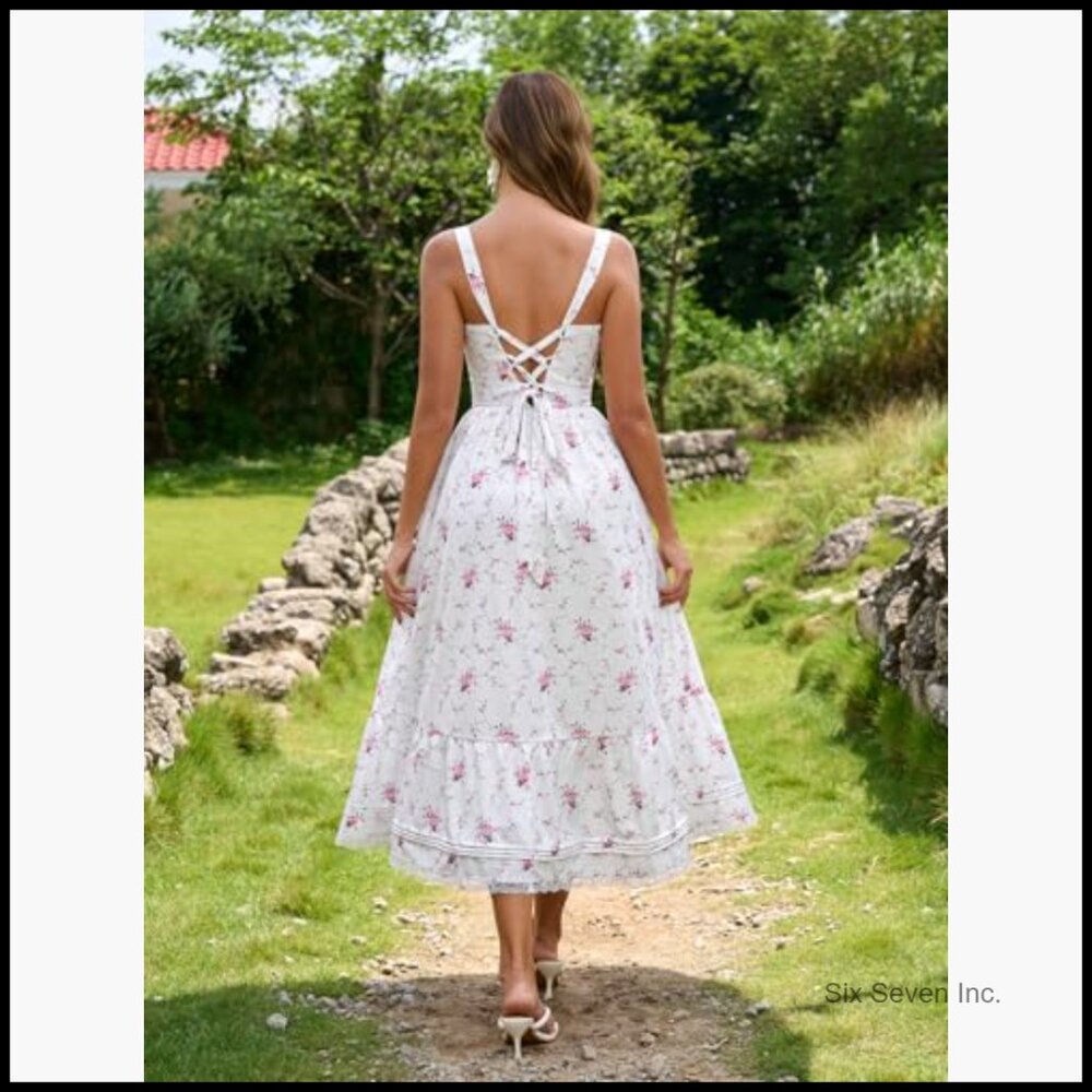 Floral Corset Midi Dress Lace V Neck A Line Sundress Wedding Guest - Picture 5 of 7